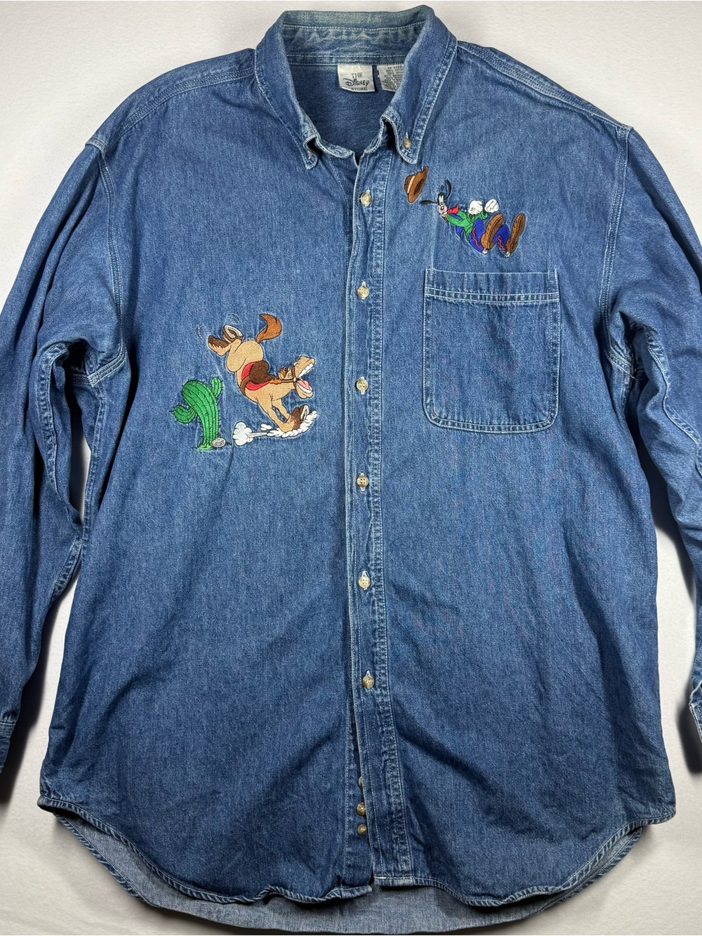 Disney Blue Denim Button-Down Shirt with Embroidered Goofy